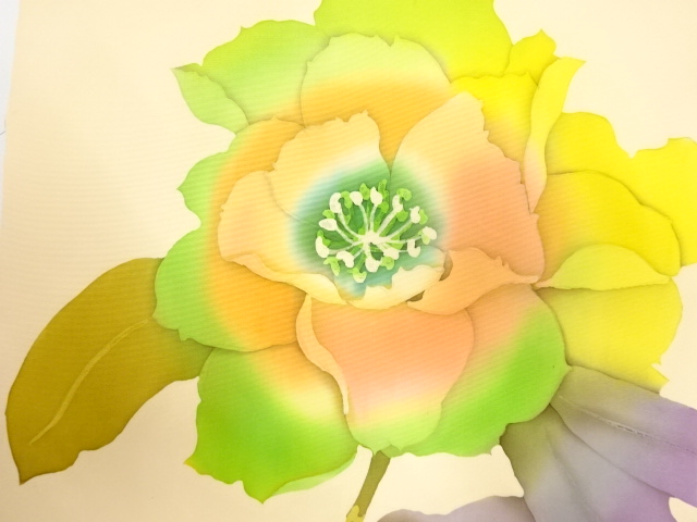 JAPANESE KIMONO / ANTIQUE NAGOYA OBI / SILK / SHIOZE / HAND PAINTED / PEONY